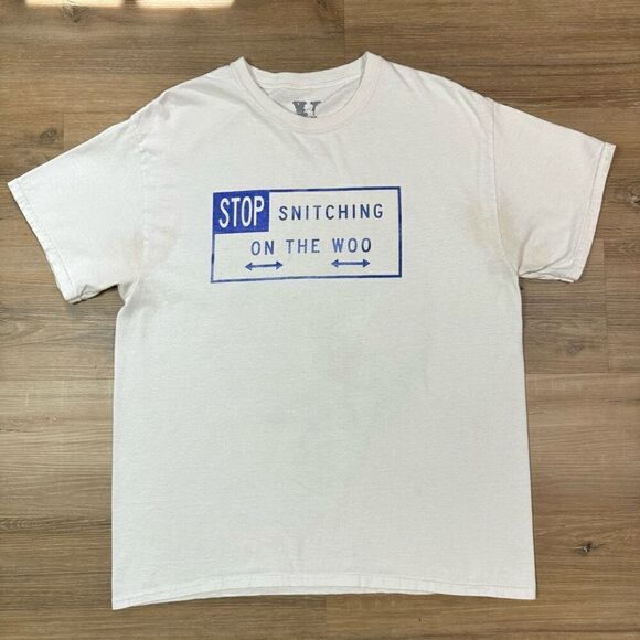 Vlone x Pop Smoke Mens L Stop Snitching On The Woo Graphic Tee Shirt White Blue - Picture 2 of 7